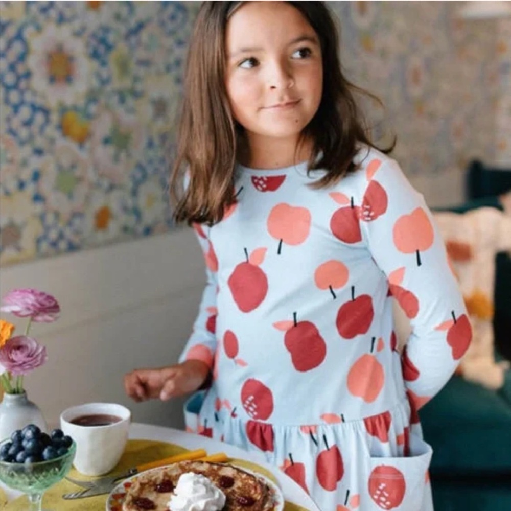 Tea Collection Youth Girl's Apple a Day Long Sleeve 100% Cotton Mini Dress